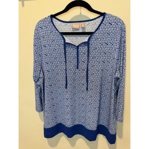 Chicos Size 2‎ Blue & White Floral 3/4 Sleeve Tunic Top Blouse